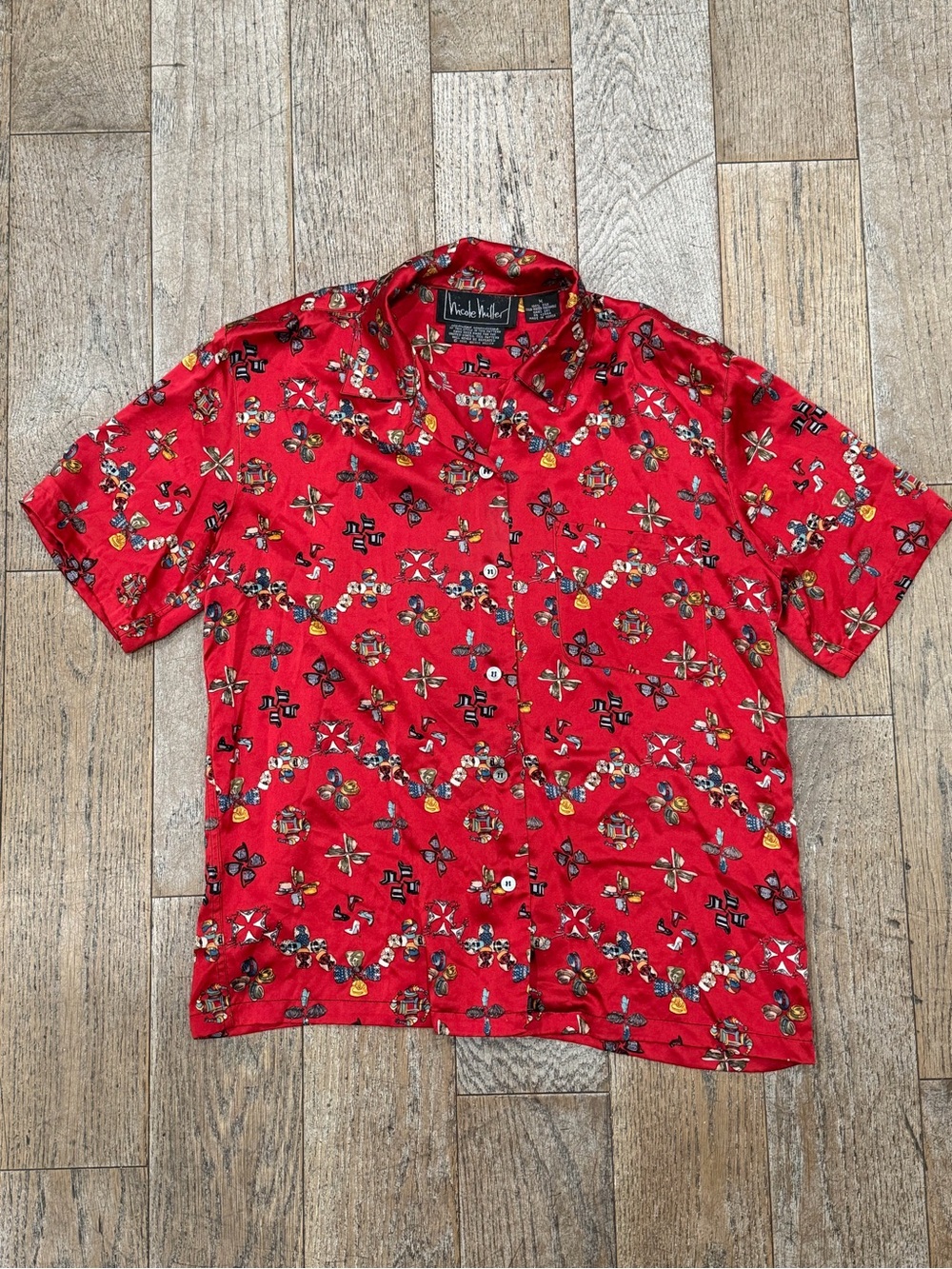 Vintage 1990s Nicole Miller Limited Edition Silk Shirt "Hats Shoes Bags" Print M